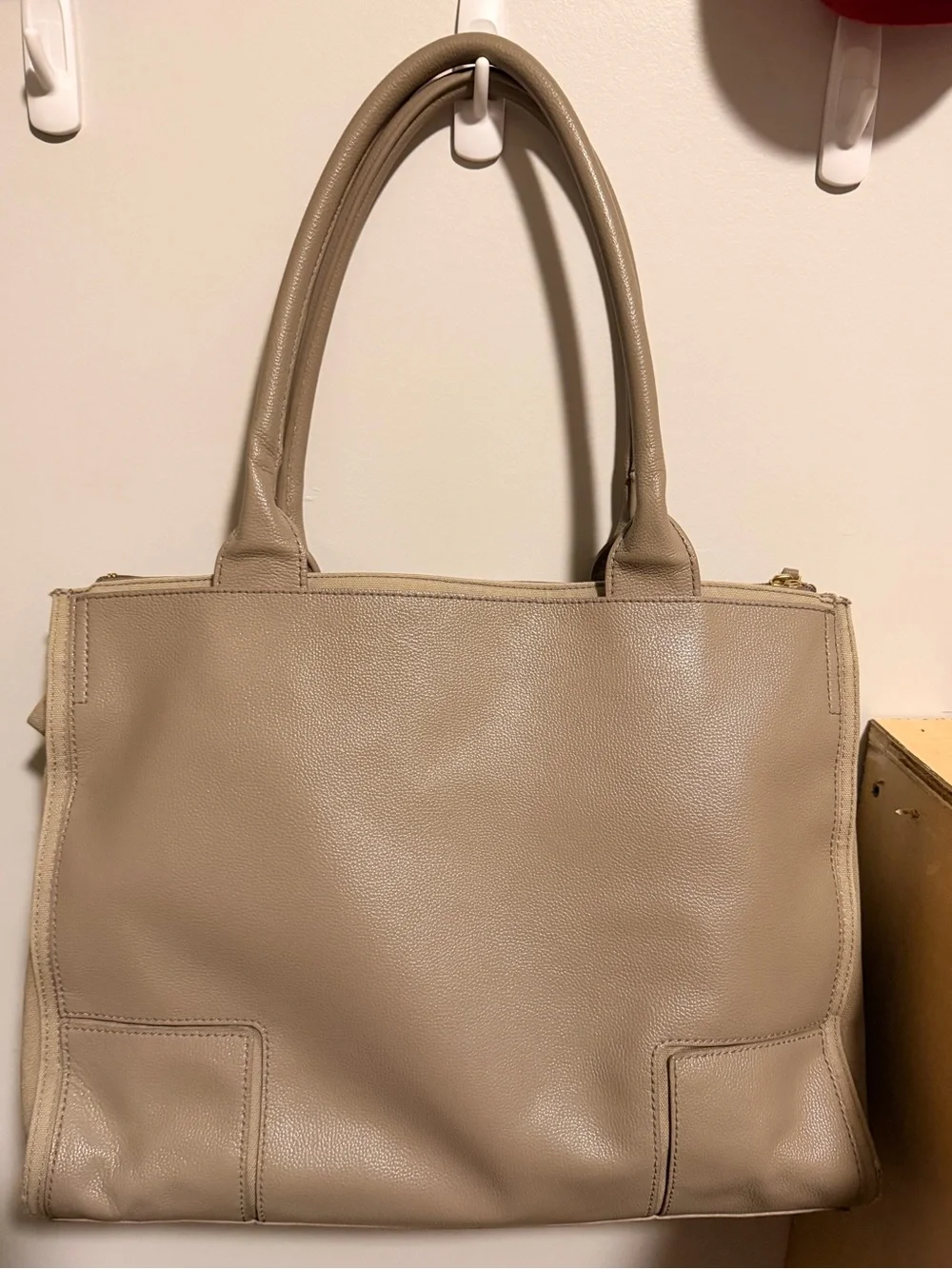 Tory Burch Leather Tote Bag Taupe Pebbled Double T Logo